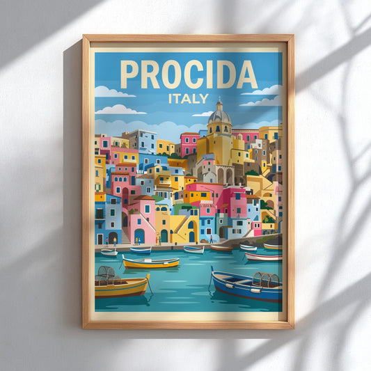 Poster of Procida Italy featuring colourful houses and fishing boats on blue water.