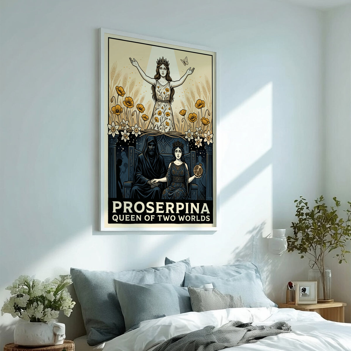 Poster featuring Proserpina as queen of two worlds with wheat fields and Hades