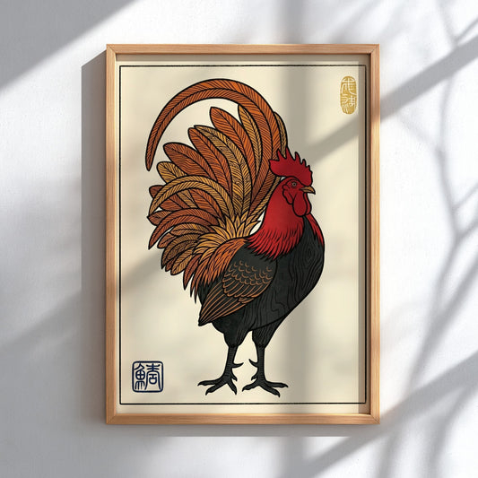 Japanese art style poster featuring a proud rooster with vibrant colors and intricate feather details