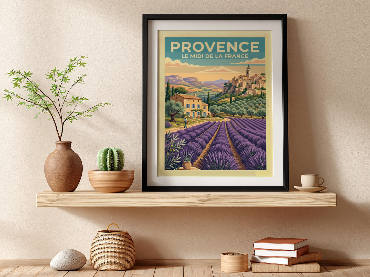 Travel poster of Provence featuring lavender fields and a rustic village in France.