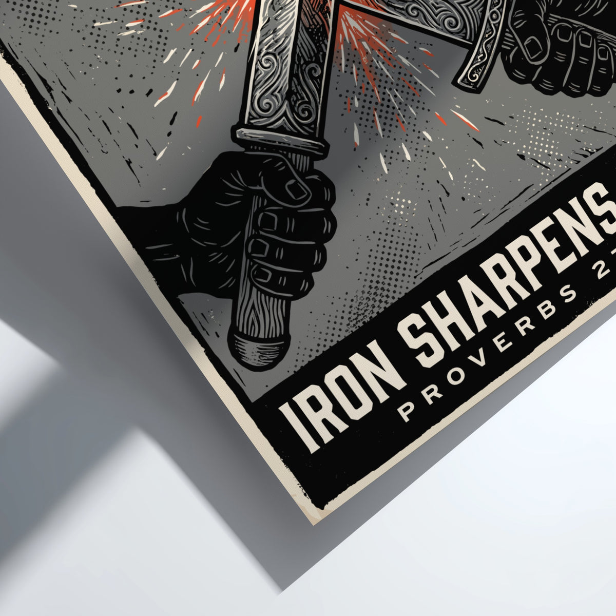 Poster displaying Iron Sharpens Iron text with two crossed swords held by hands