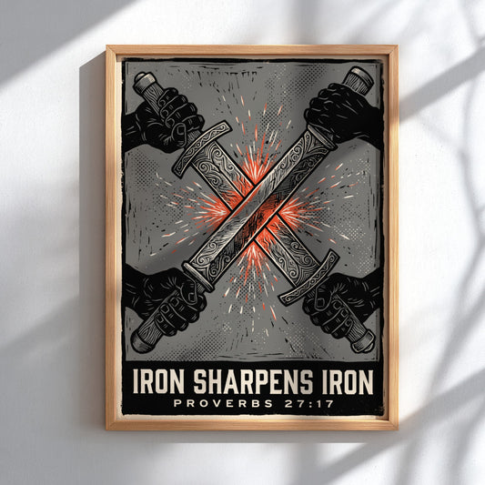 Poster displaying Iron Sharpens Iron text with two crossed swords held by hands