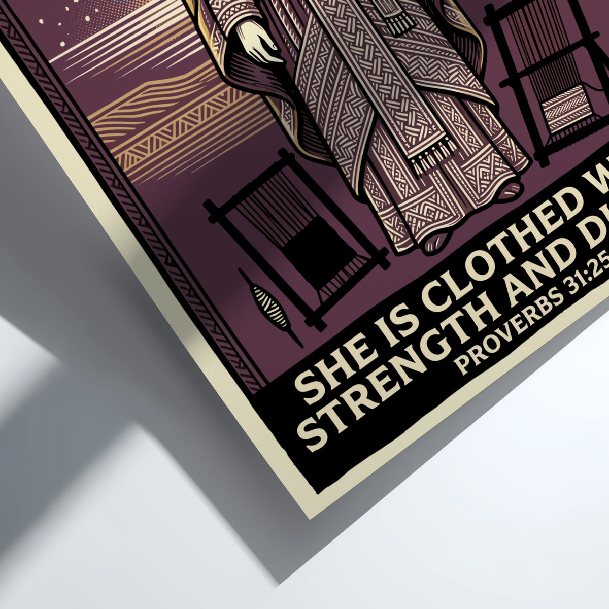 Poster featuring a woman in purple robes with the quote She Is Clothed With Strength