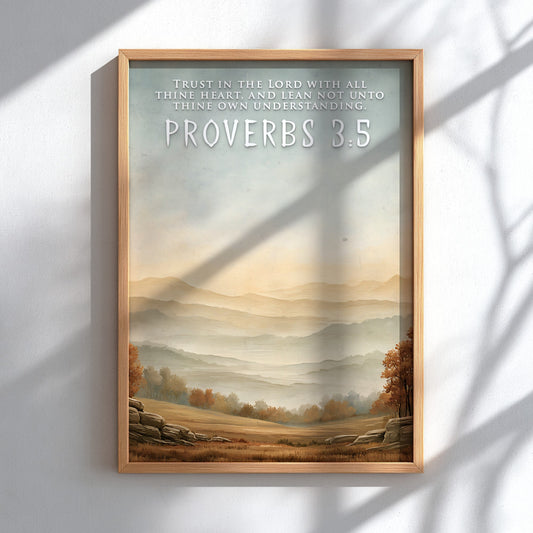 Poster featuring Proverbs 3:5 quote over a serene landscape of golden autumn hills.