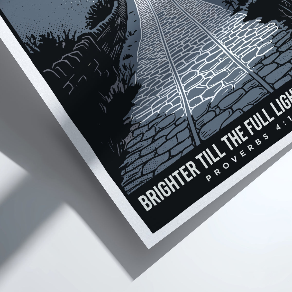 Poster displaying a stone path leading toward a glowing light with hopeful text underneath.