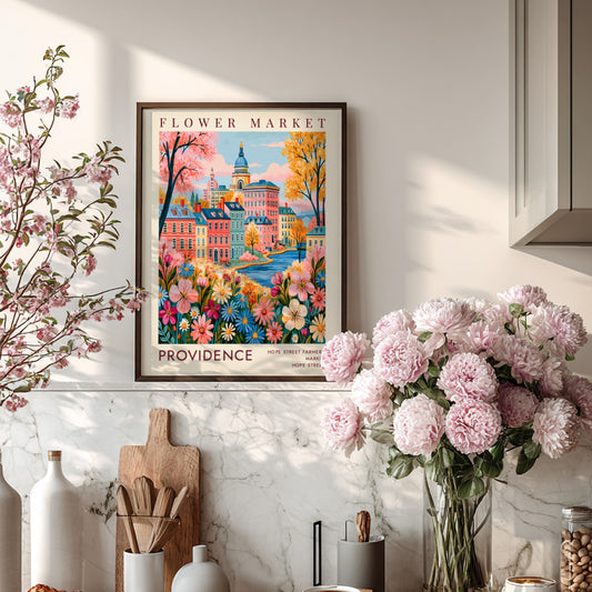 Flower market poster featuring vibrant cityscape with colorful flowers and buildings