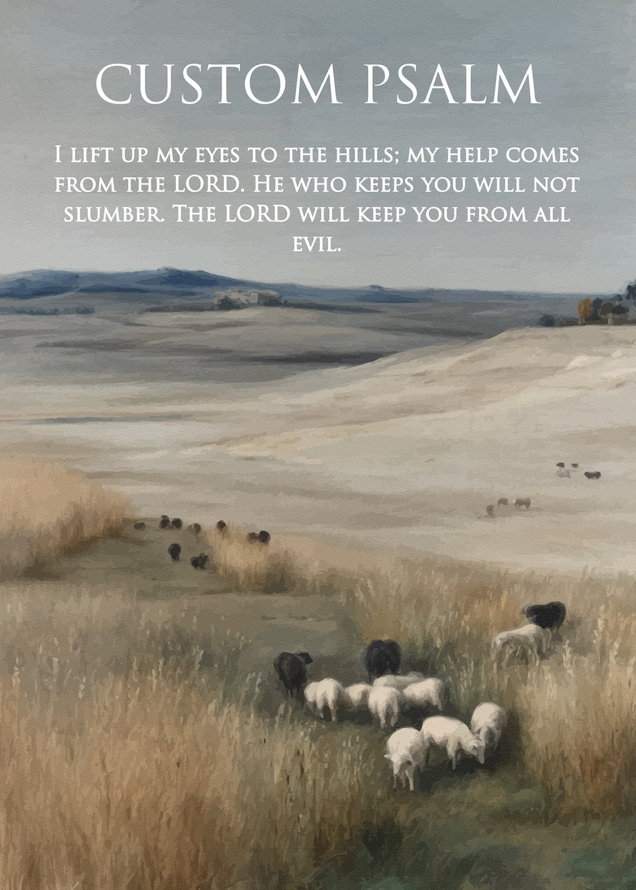 Sheep grazing in a field with a scenic background and a custom Psalm text overlay.