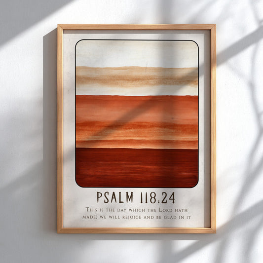Psalm 118:24 poster featuring warm earthy colors and inspirational design for religious decor