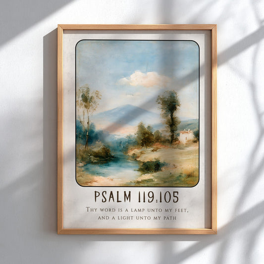 Inspirational poster featuring Psalm 119:105 with serene landscape and soft colors