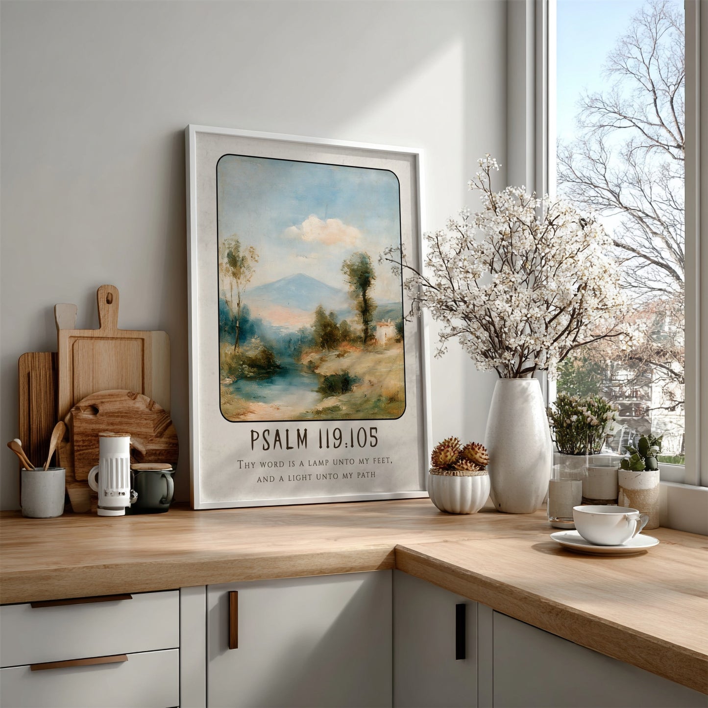 Inspirational poster featuring Psalm 119:105 with serene landscape and soft colors