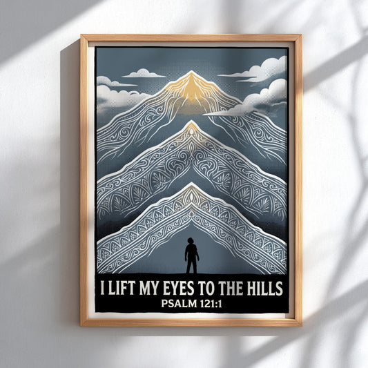 Poster displaying a silhouetted figure gazing at layered mountain peaks with gold highlights