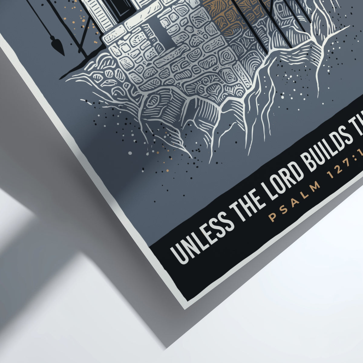 Poster featuring a house under construction on a stone foundation with scripture text overlay.