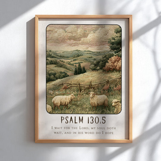 Psalm 130:5 poster featuring a tranquil landscape with sheep, warm colors, and religious themes.
