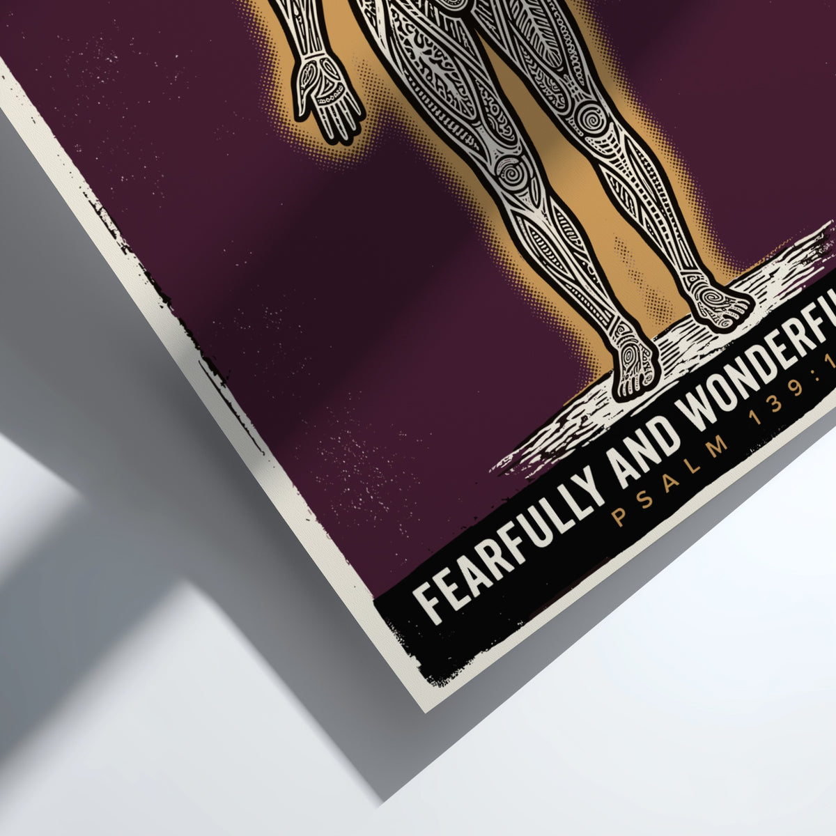 Poster featuring an intricate human anatomy illustration with golden glow on purple background.