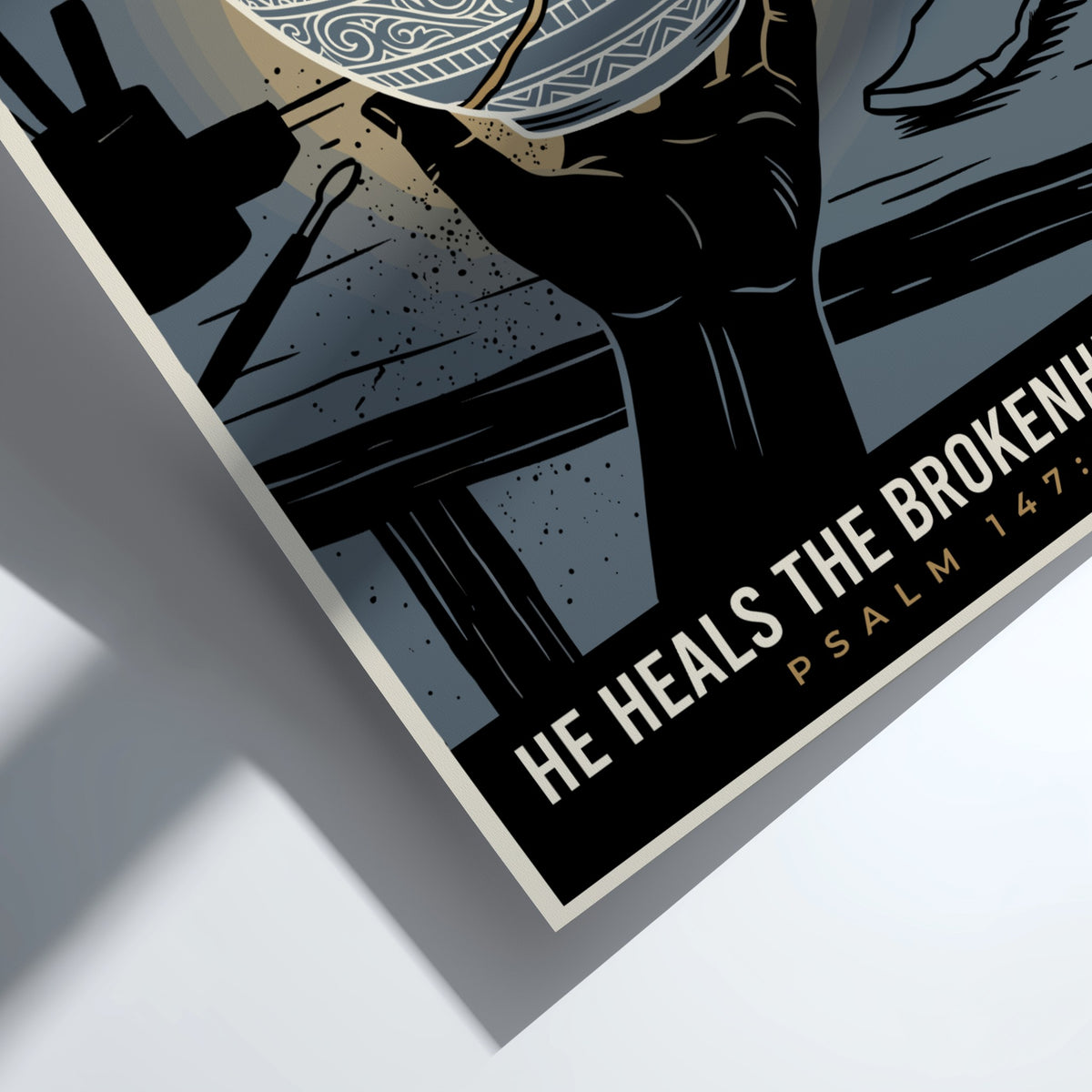 Poster displaying a hand holding a kintsugi bowl with gold cracks and text