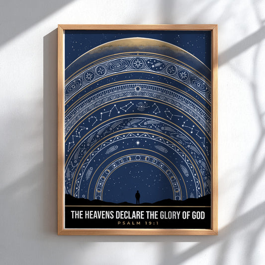Poster featuring deep navy night sky with gold constellations and moon phases above silhouette