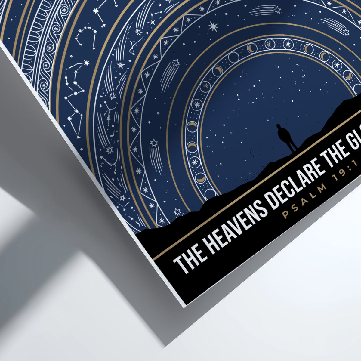 Poster featuring deep navy night sky with gold constellations and moon phases above silhouette