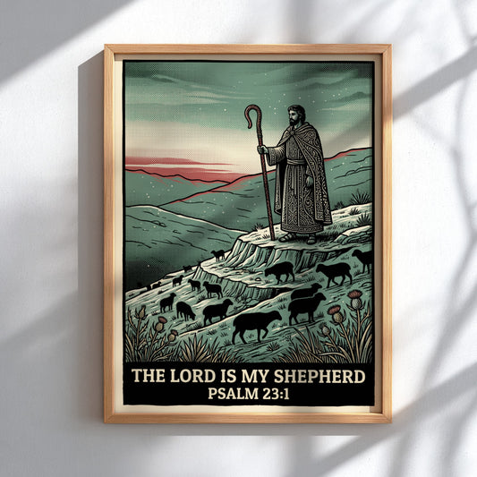 Poster featuring a shepherd with a staff watching over sheep on a hillside