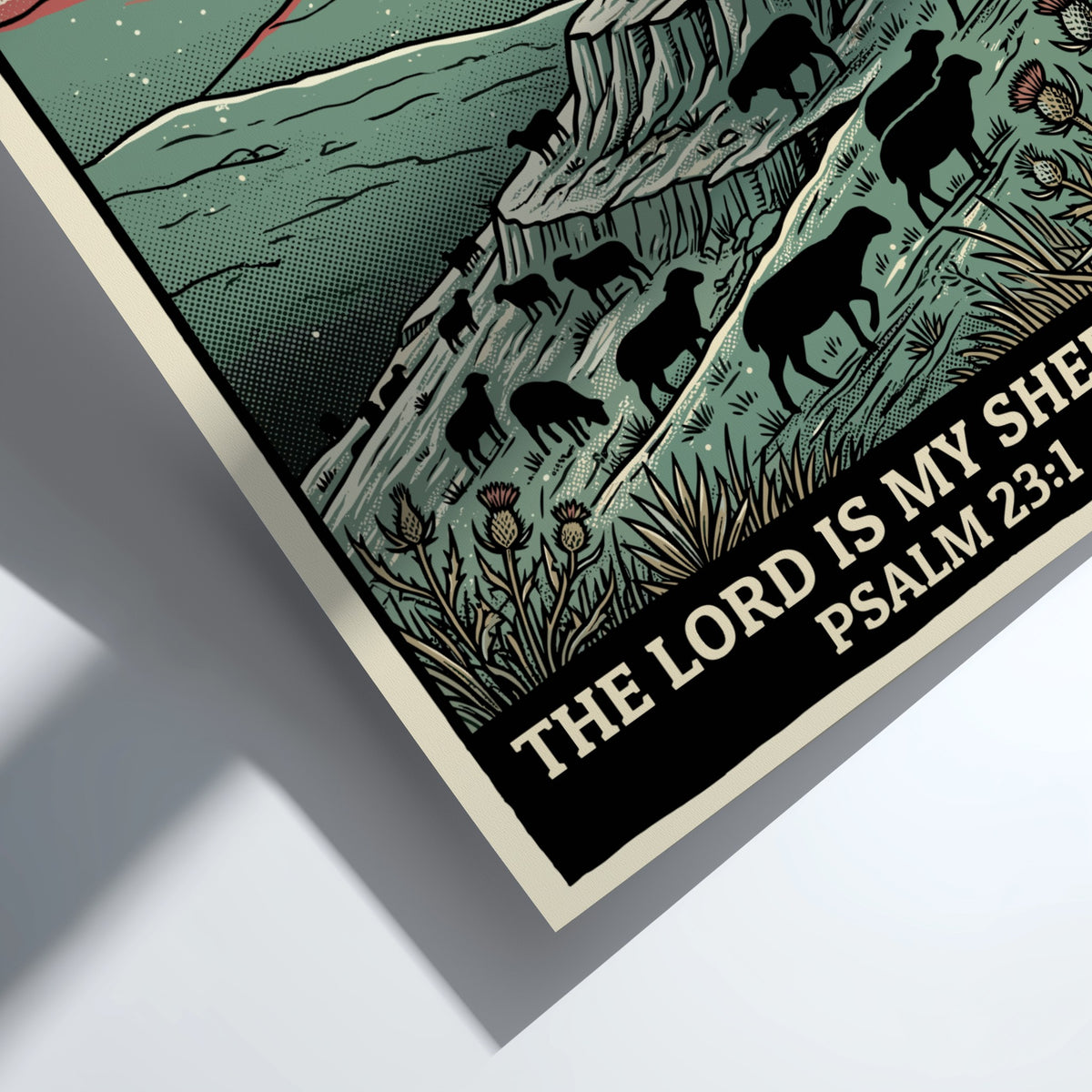 Poster featuring a shepherd with a staff watching over sheep on a hillside