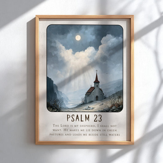 Psalm 23 poster featuring a church in a serene landscape with soft colors, ideal for spiritual wall decor.