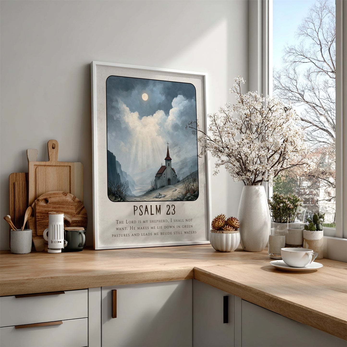 Psalm 23 poster featuring a church in a serene landscape with soft colors, ideal for spiritual wall decor.