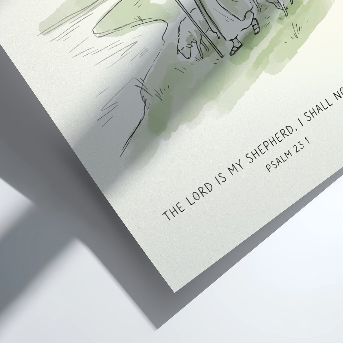 Poster featuring Jesus as a shepherd with sheep by a river in sage green