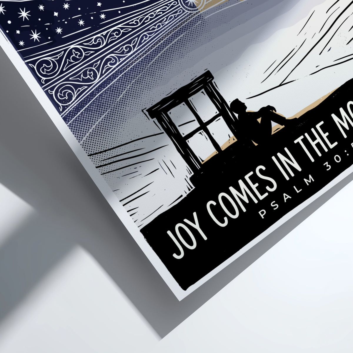 Poster featuring a silhouette sitting by a window watching the transition from night to morning.