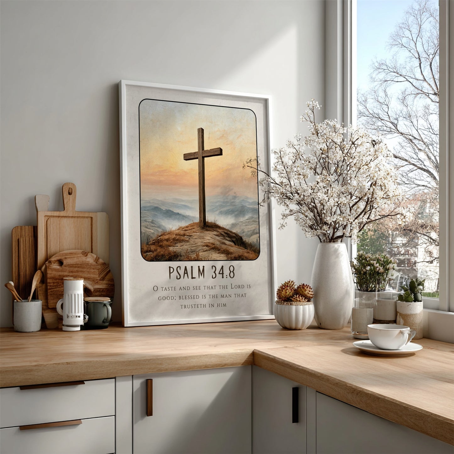Inspirational religious poster featuring Psalm 34:8 with a wooden cross and serene landscape in warm colors.