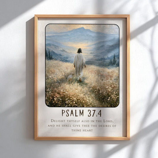 Psalm 37:4 poster featuring a serene figure walking in a meadow with soft colors and inspirational religious