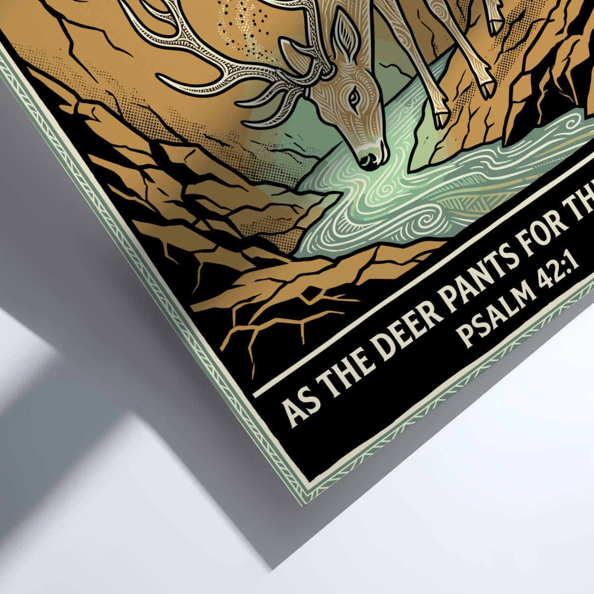 Poster featuring a stylized deer drinking from a stream with earth tone colors.