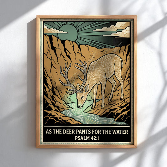 Poster featuring a stylized deer drinking from a stream with earth tone colors.