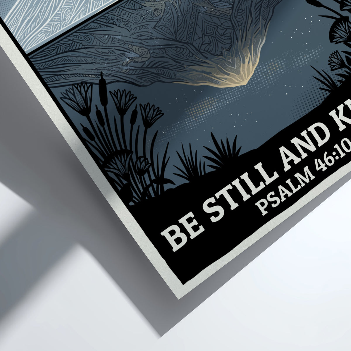Poster featuring a symmetrical mountain reflection in blue and cream with Psalm 46:10 text.