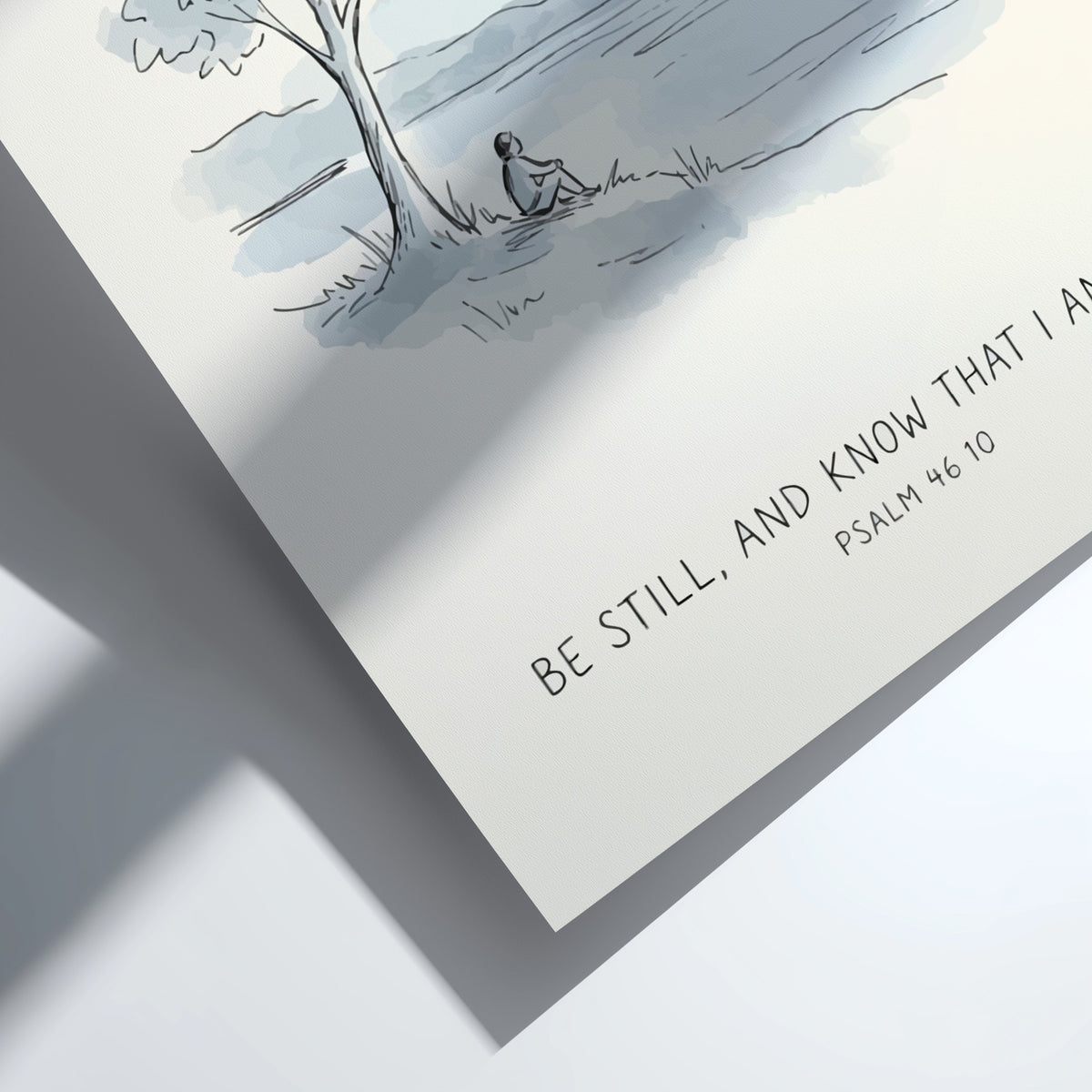 Poster featuring a peaceful watercolour landscape with a person sitting under a tree.