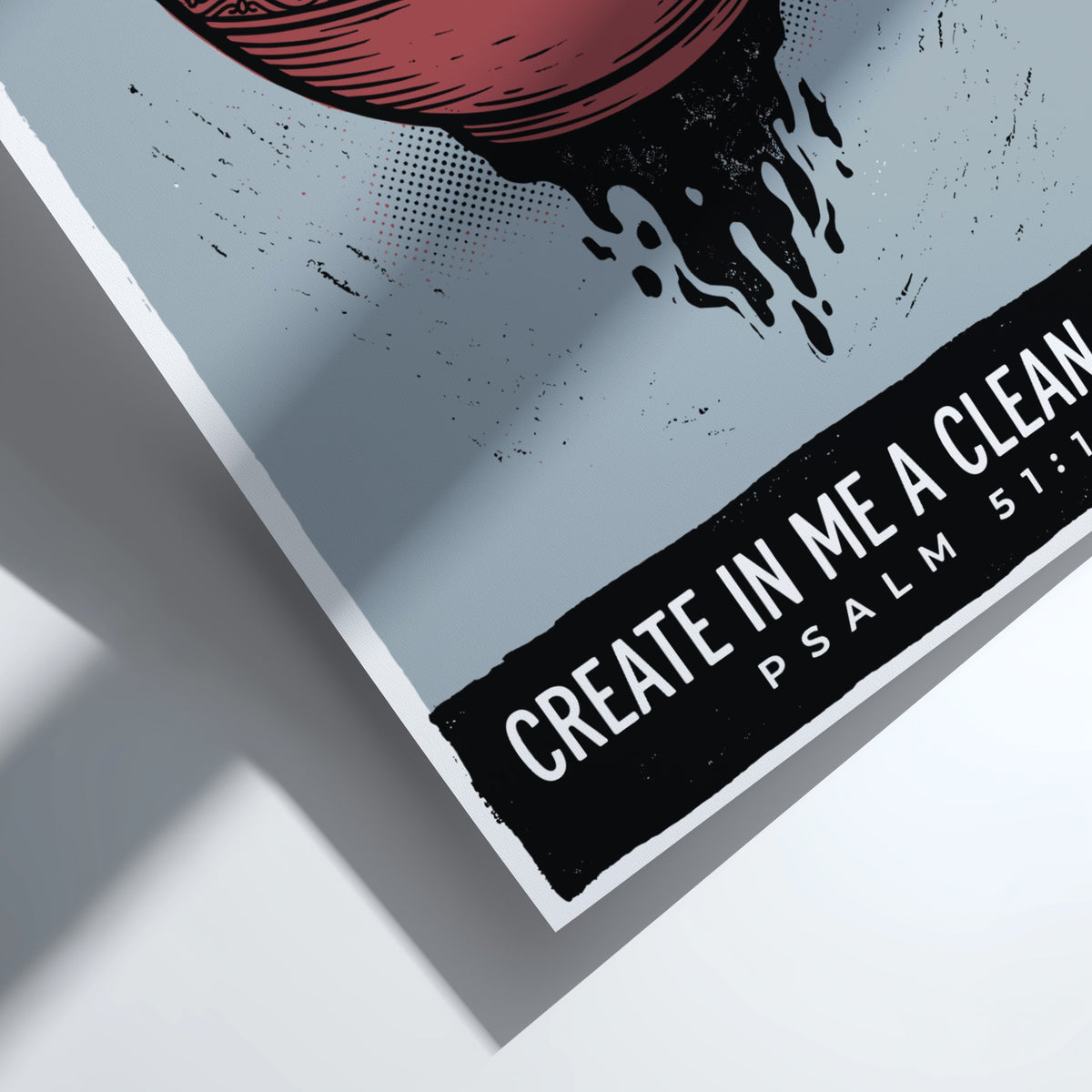 Poster featuring a bowl of water with ink dripping below and religious text.