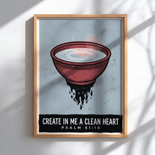 Poster featuring a bowl of water with ink dripping below and religious text.