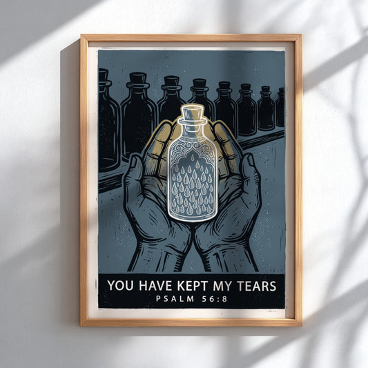 Poster displaying hands holding a bottle of tears with blue and charcoal tones.