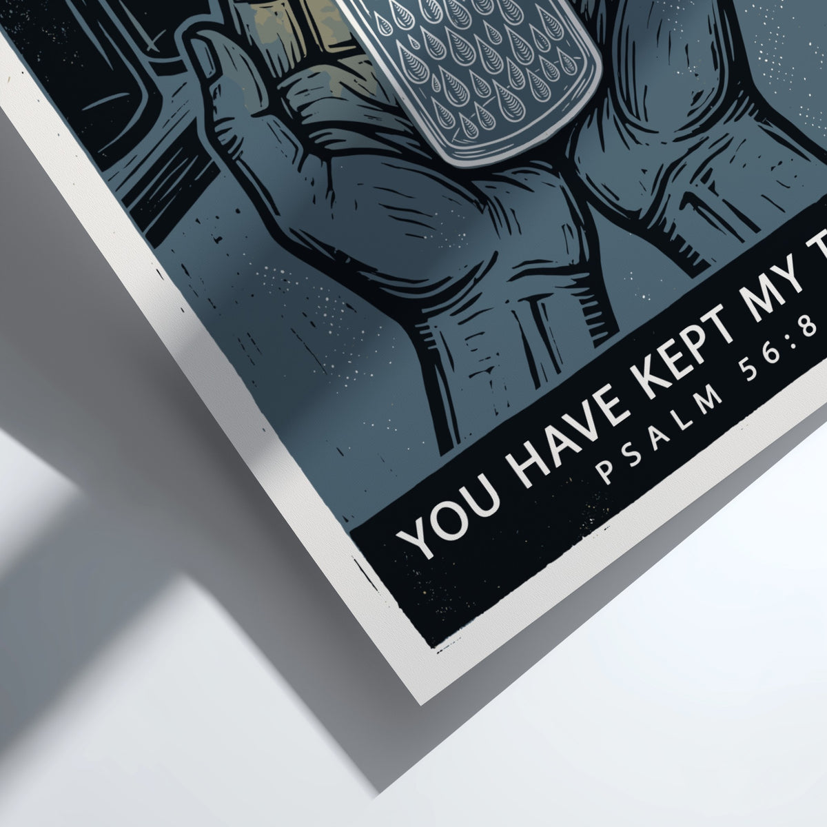 Poster displaying hands holding a bottle of tears with blue and charcoal tones.