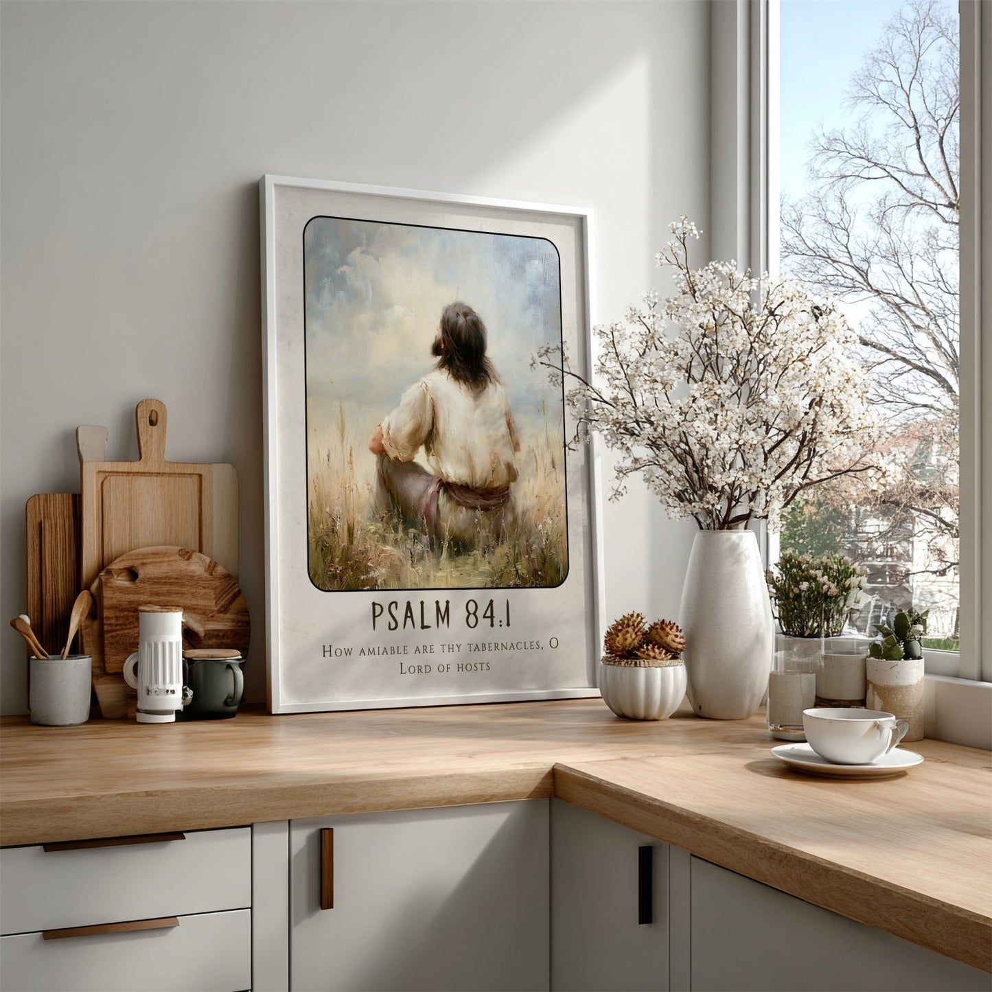 Psalm 84:1 poster featuring a serene figure in a tranquil landscape, perfect for spiritual wall art.