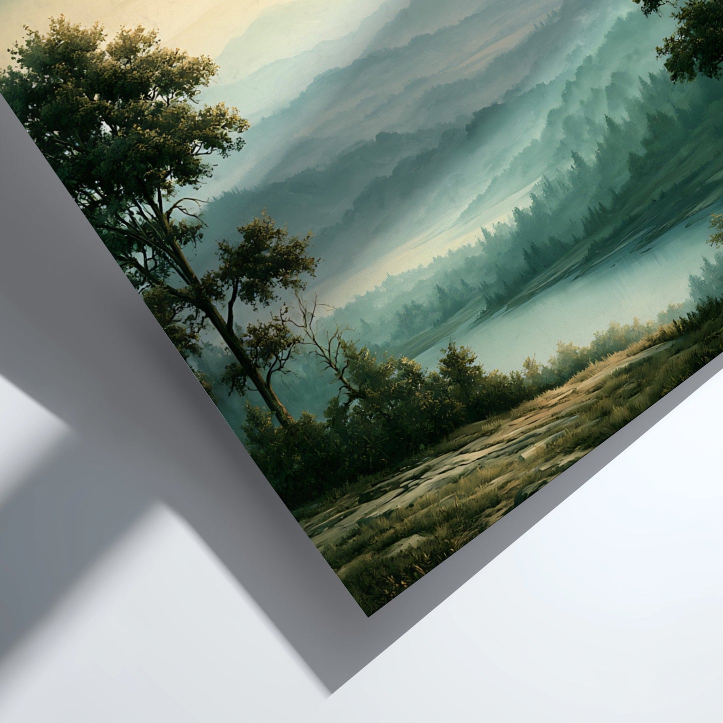 Psalm 90:1 poster featuring a misty mountain landscape with green hills and water.