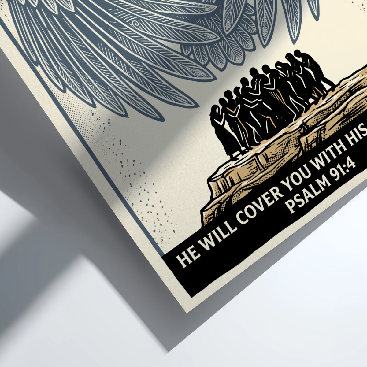 Poster featuring an eagle spreading wings over people with Psalm 91:4 text below.