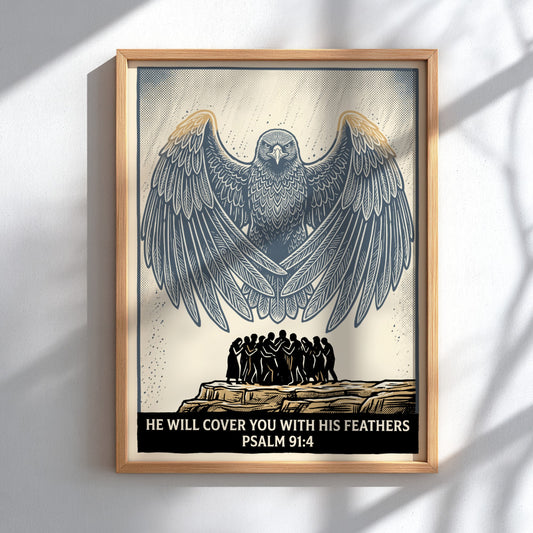 Poster featuring an eagle spreading wings over people with Psalm 91:4 text below.