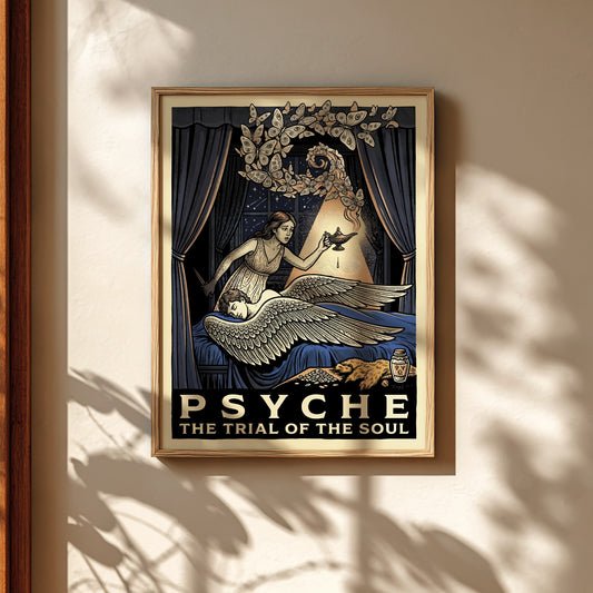 Psyche Greek mythology poster featuring Psyche holding a lamp and looking at Cupid, with butterflies and