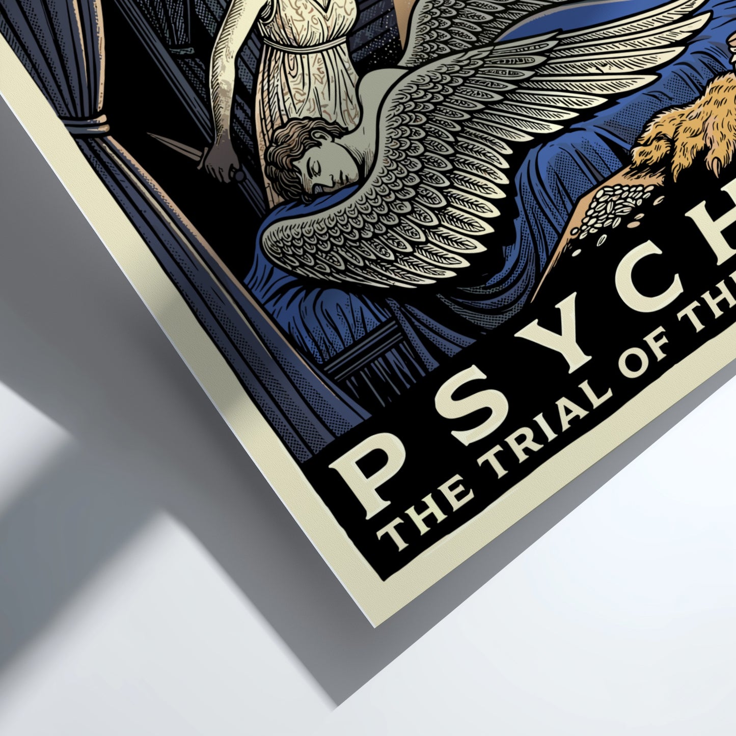 Psyche Greek mythology poster featuring Psyche holding a lamp and looking at Cupid, with butterflies and