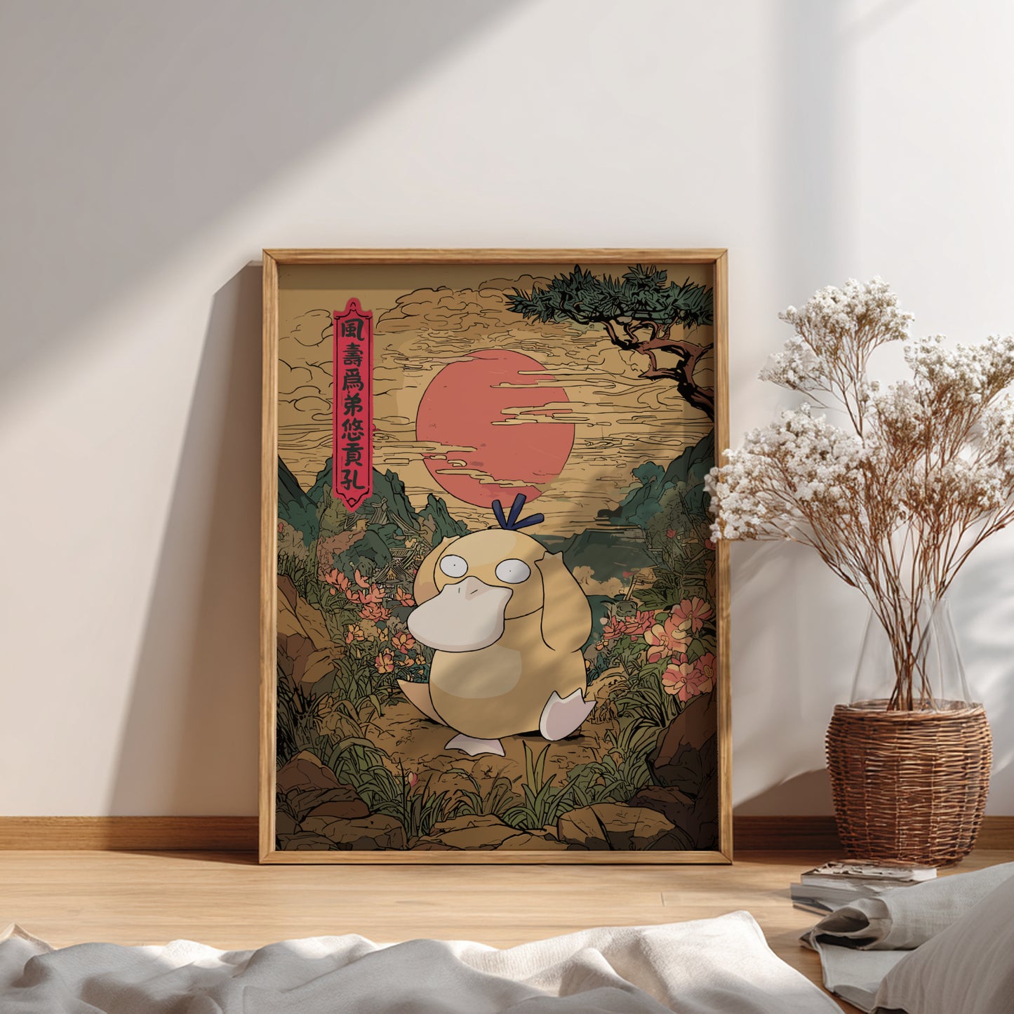 Framed artwork of Psyduck Pokémon character in a natural setting with a red sun on a wall.