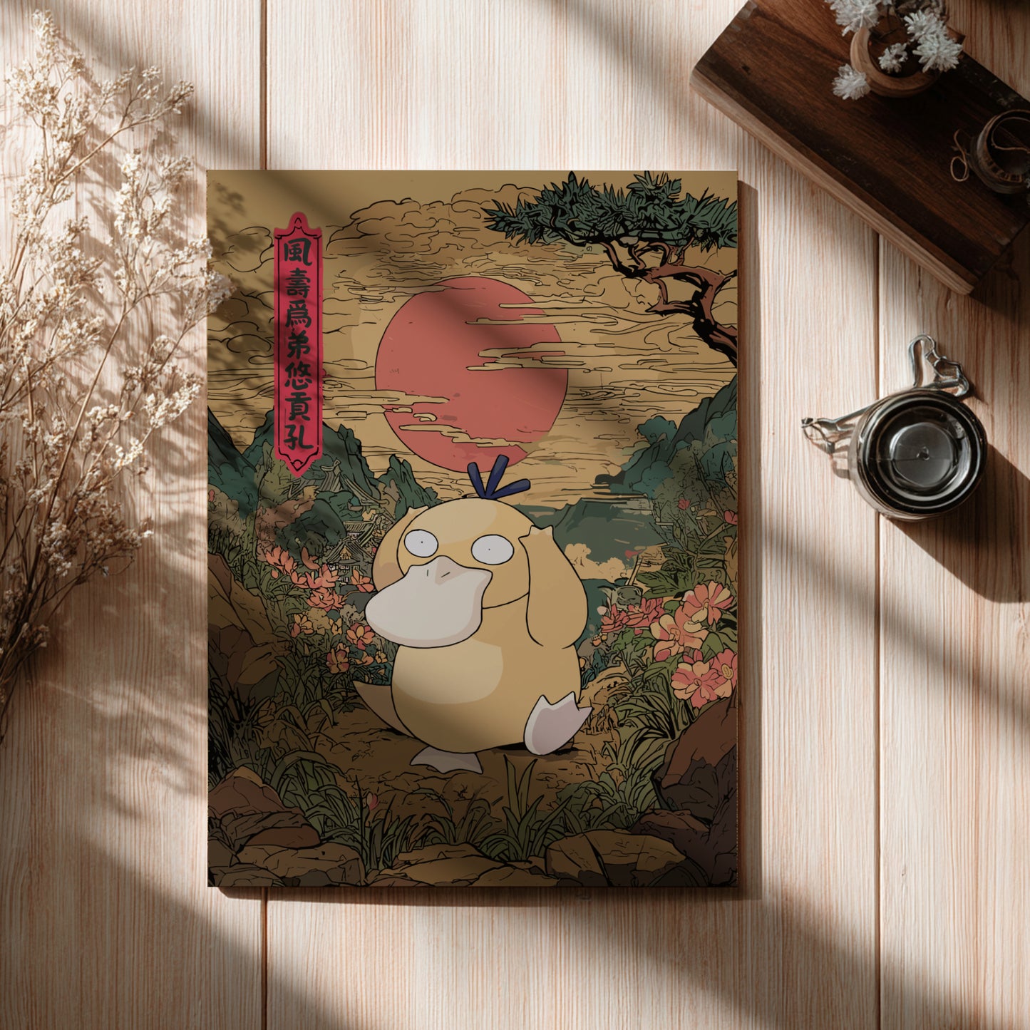 Wooden board with a stylized illustration of Psyduck Pokémon in a natural setting on a wooden surface.