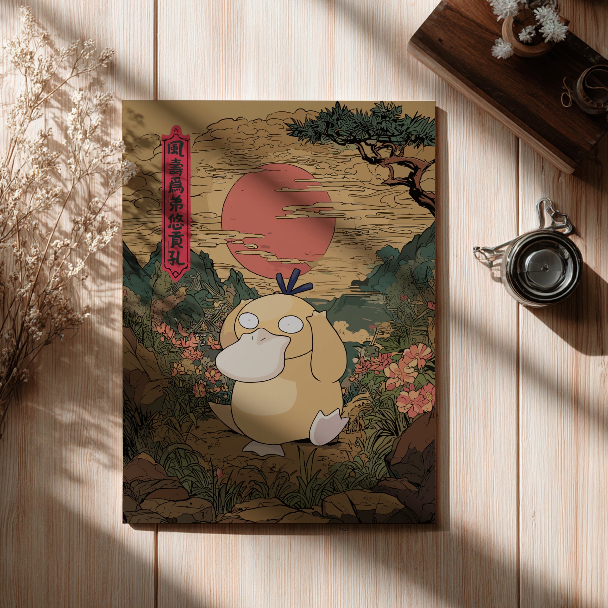Wooden board with a stylized illustration of Psyduck Pokémon in a natural setting on a wooden surface.