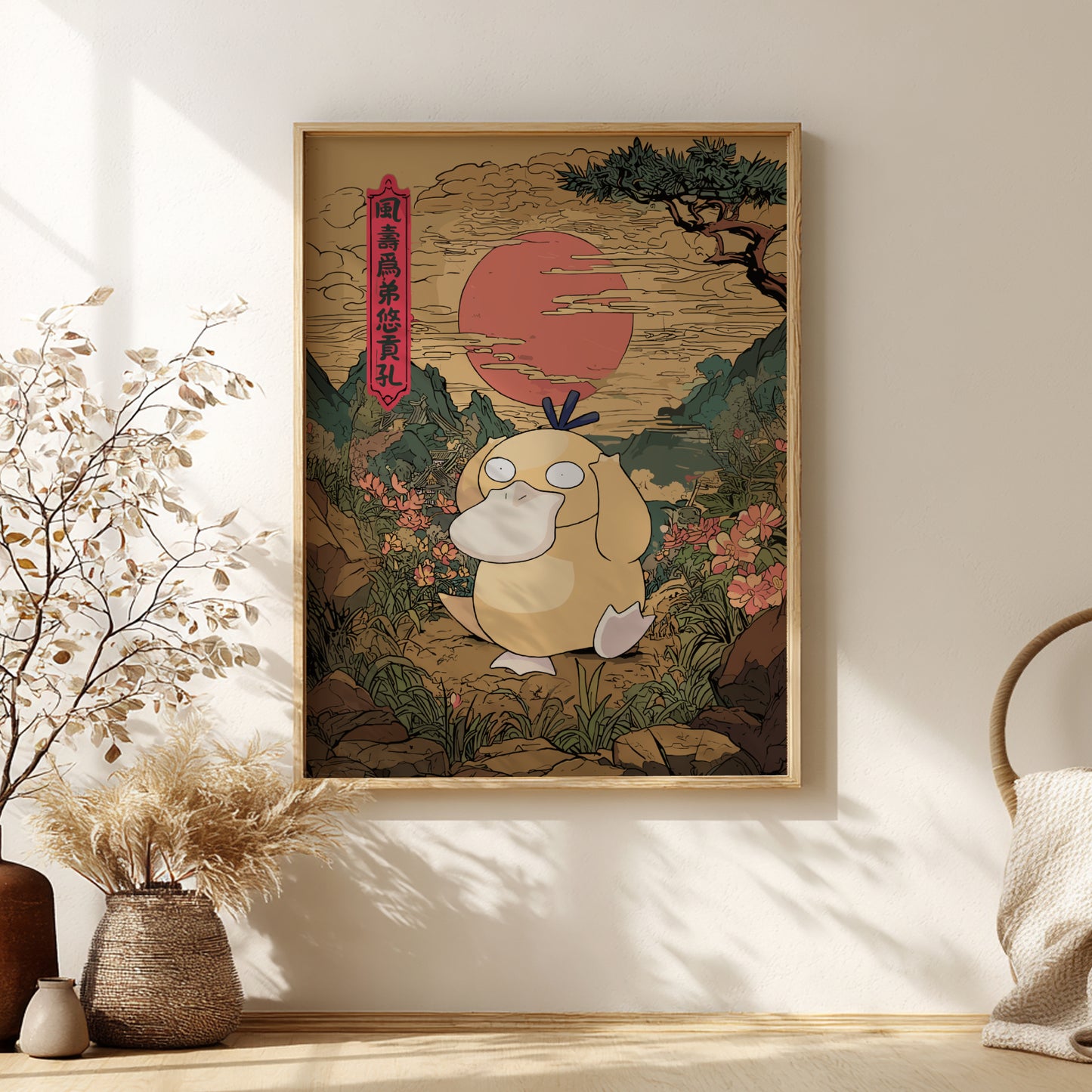 Framed artwork of Psyduck Pokémon character in a natural setting on a wall.