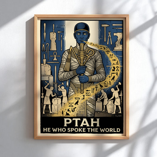 Poster featuring the Egyptian god Ptah with golden hieroglyphs and ancient artisan tools