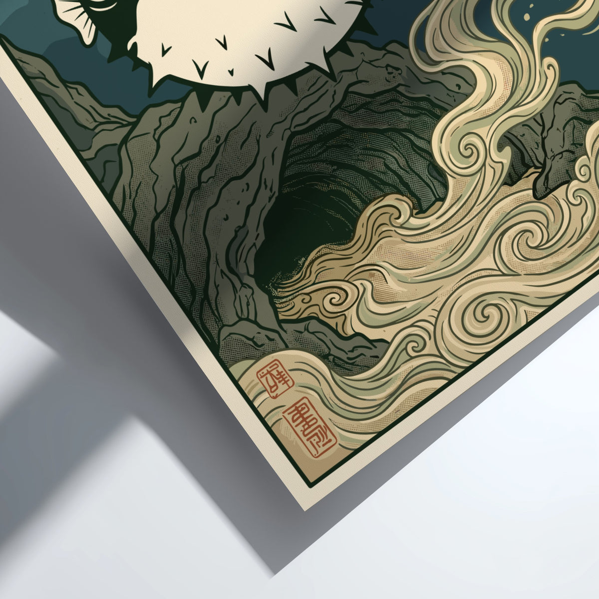 Poster featuring a black pufferfish floating above a rocky cave with swirling currents