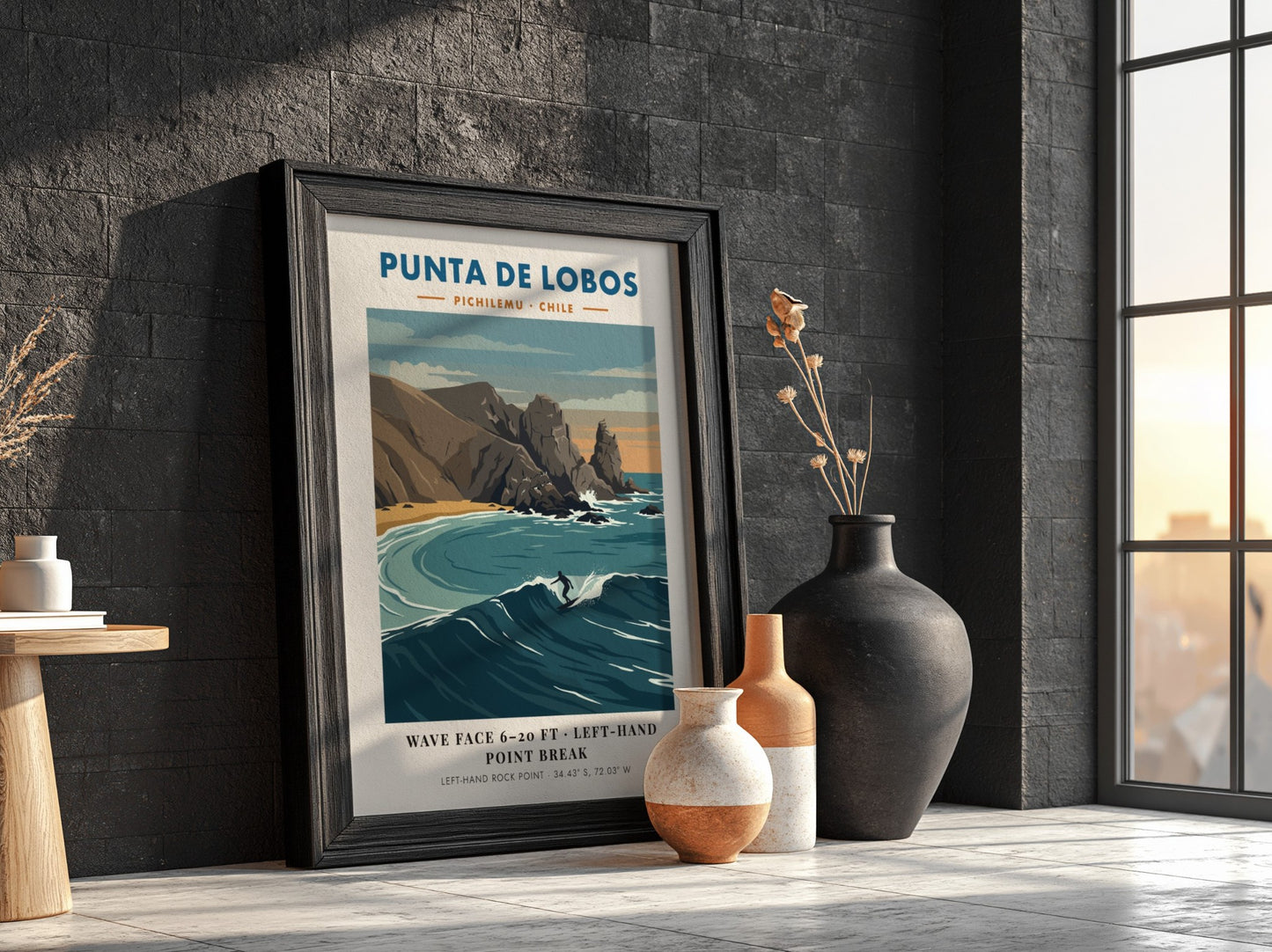 Punta De Lobos surf break poster featuring blue waves and rocky Chilean coastline.